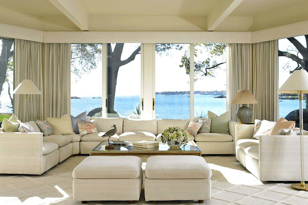 Large beach style formal living room in New York.