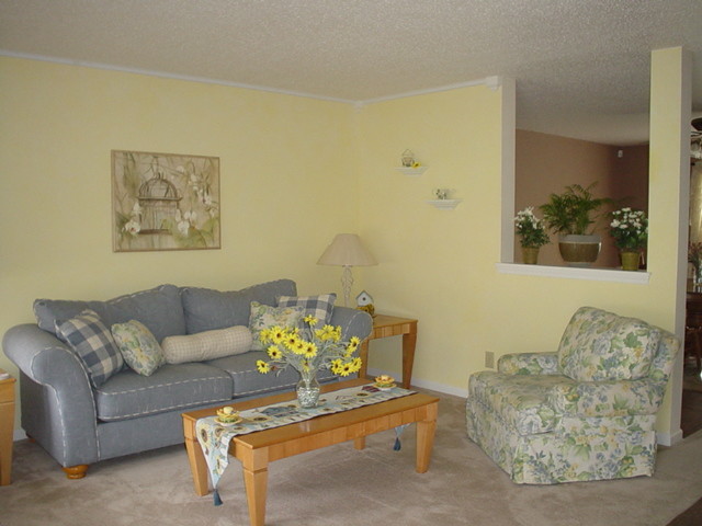 Immagine di un soggiorno di medie dimensioni e chiuso con sala formale, pareti gialle e moquette