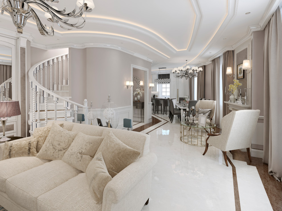 Идея дизайна: большая парадная, открытая гостиная комната в классическом стиле с фиолетовыми стенами, мраморным полом и белым полом без телевизора, камина