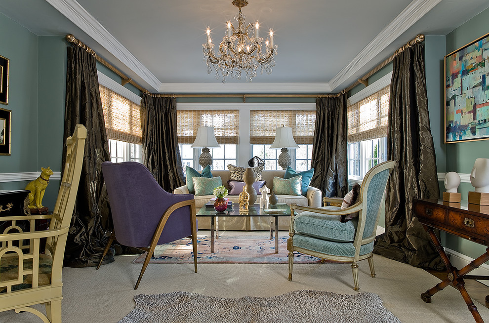 Inspiration for a traditional living room in Boston with blue walls.