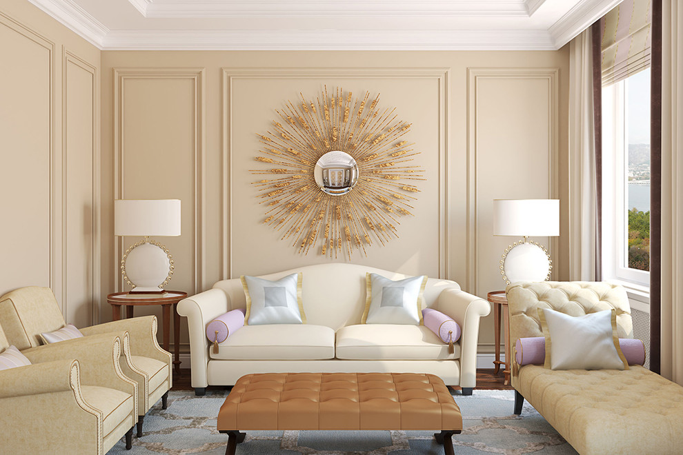 Immagine di un piccolo soggiorno minimalista con pareti beige, moquette e pavimento blu