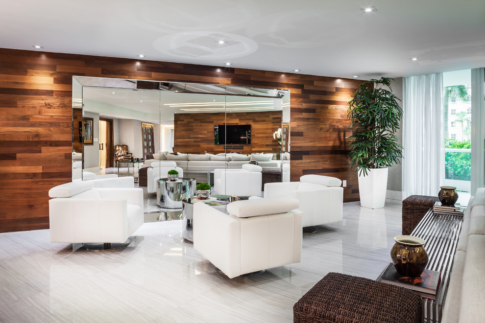 Idee per un grande soggiorno design aperto con pareti bianche e pavimento in linoleum
