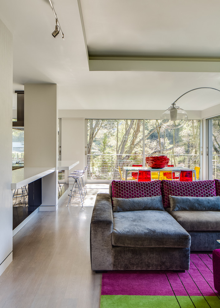 Offenes, Großes, Fernseherloses Modernes Wohnzimmer mit weißer Wandfarbe, braunem Holzboden, Gaskamin, Kaminumrandung aus Metall und braunem Boden in San Francisco