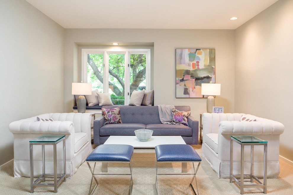 Mid-sized transitional formal and enclosed carpeted and beige floor living room photo in DC Metro with white walls, no fireplace and no tv