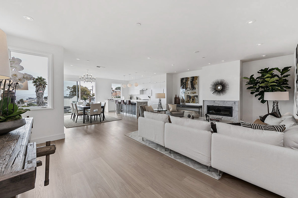 Mittelgroßes, Fernseherloses, Offenes Modernes Wohnzimmer mit weißer Wandfarbe, hellem Holzboden, Gaskamin und Kaminumrandung aus Stein in San Francisco