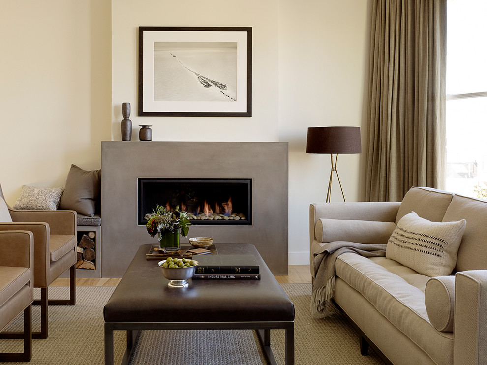 Design ideas for a contemporary living room in San Francisco with a concrete fireplace surround.