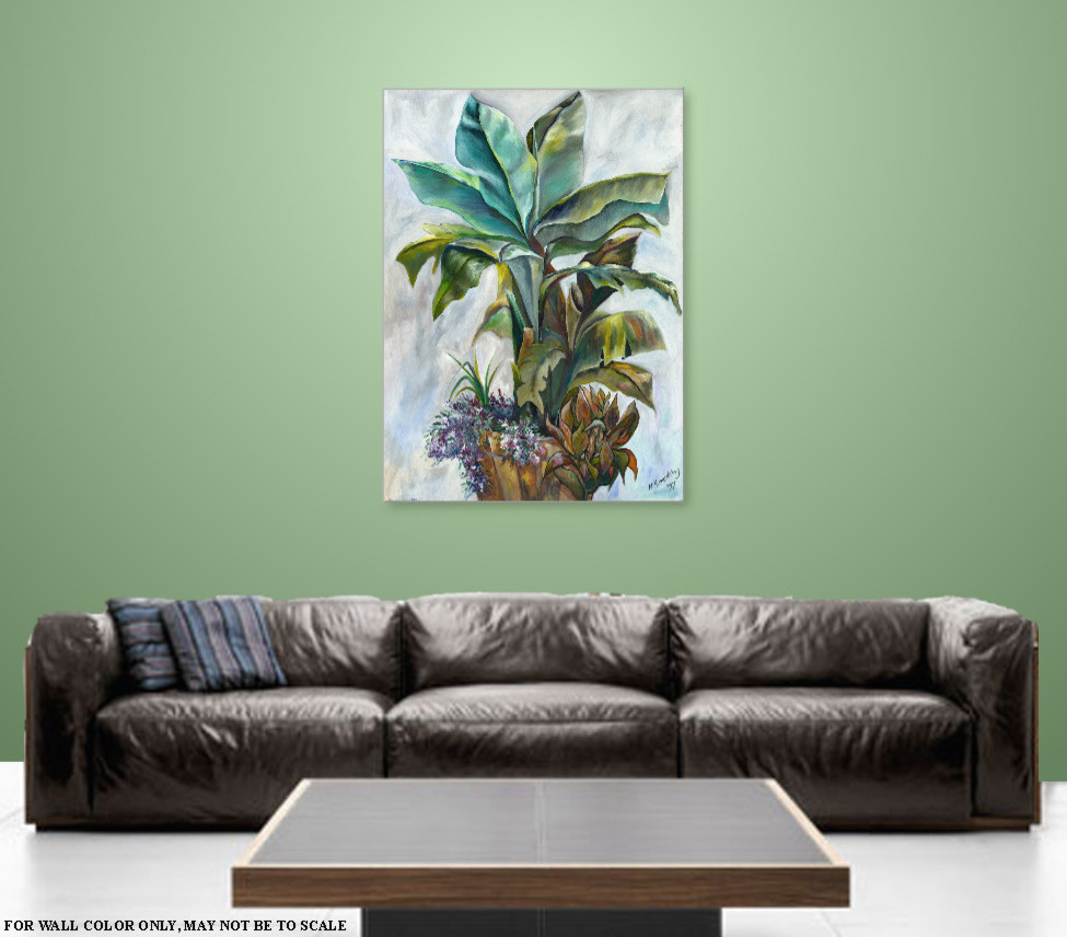Living room - tropical marble floor living room idea in Miami with green walls
