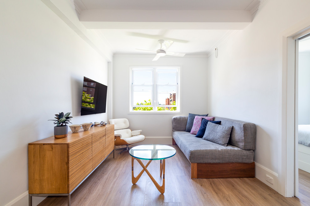 Kleines, Offenes Modernes Wohnzimmer mit weißer Wandfarbe, hellem Holzboden, TV-Wand und braunem Boden in Sydney