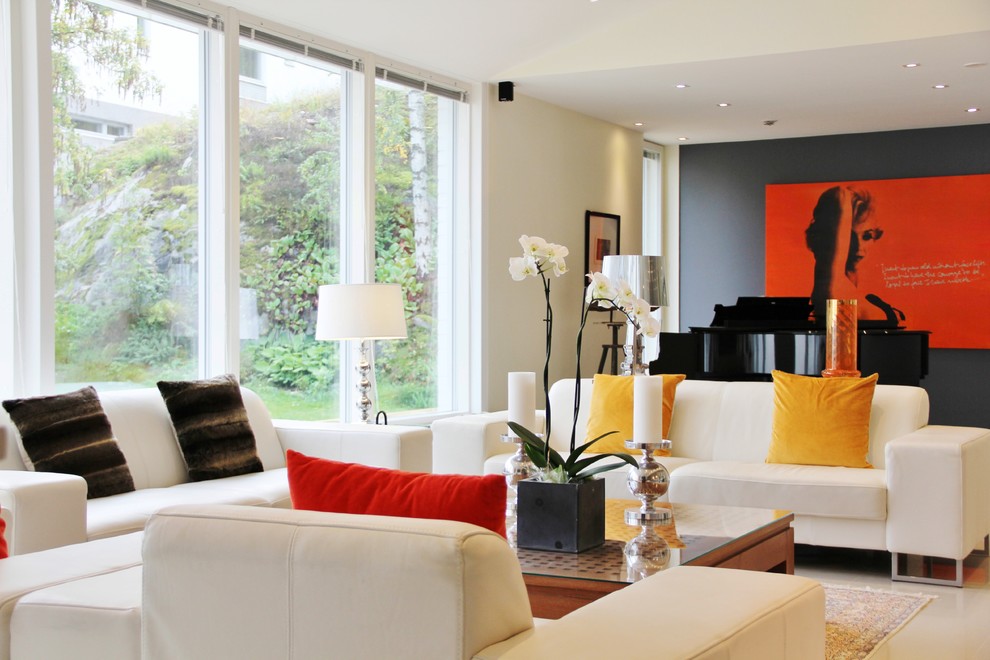 Contemporary living room in Other with a music area and black walls.
