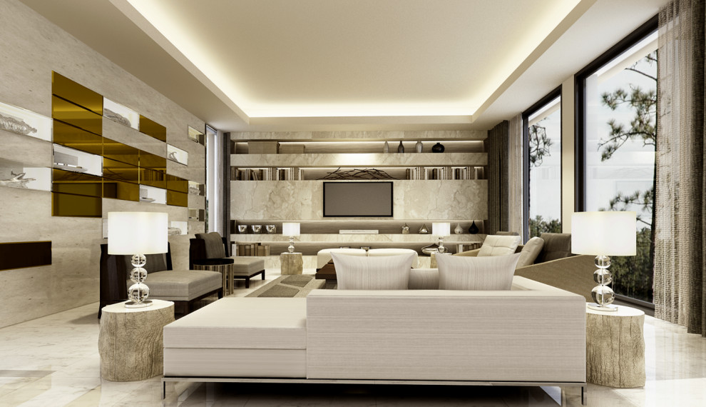 Ispirazione per un grande soggiorno minimal chiuso con sala formale, pareti beige, pavimento in marmo, nessun camino, parete attrezzata, pavimento beige e soffitto a volta