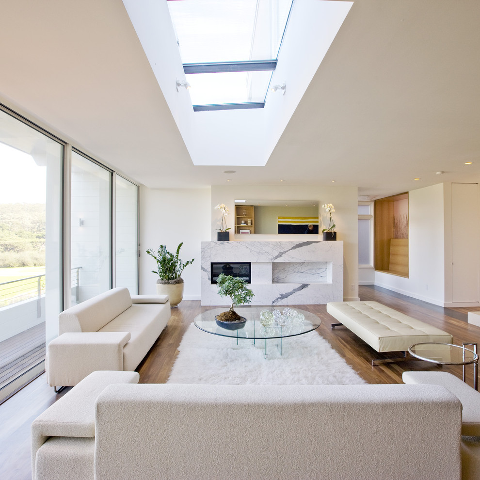 Large modern living room in San Francisco with white walls and a ribbon fireplace.