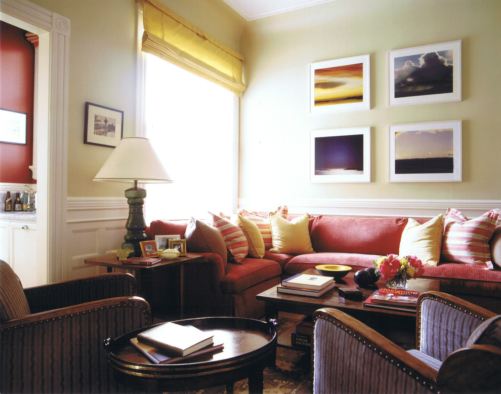 Inspiration for an eclectic enclosed living room remodel in San Francisco with yellow walls