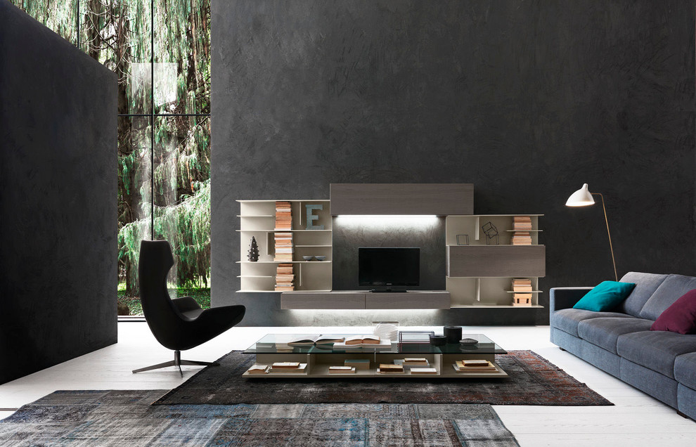 Идея дизайна: большая изолированная гостиная комната в современном стиле с черными стенами, отдельно стоящим телевизором и белым полом без камина