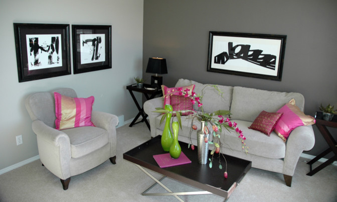Mid-sized trendy formal and enclosed carpeted living room photo in Calgary with gray walls