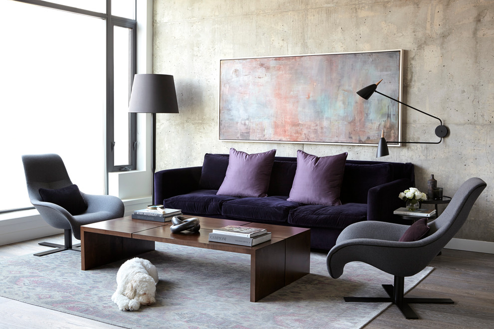 Contemporary living room in Toronto with grey walls and dark hardwood flooring.