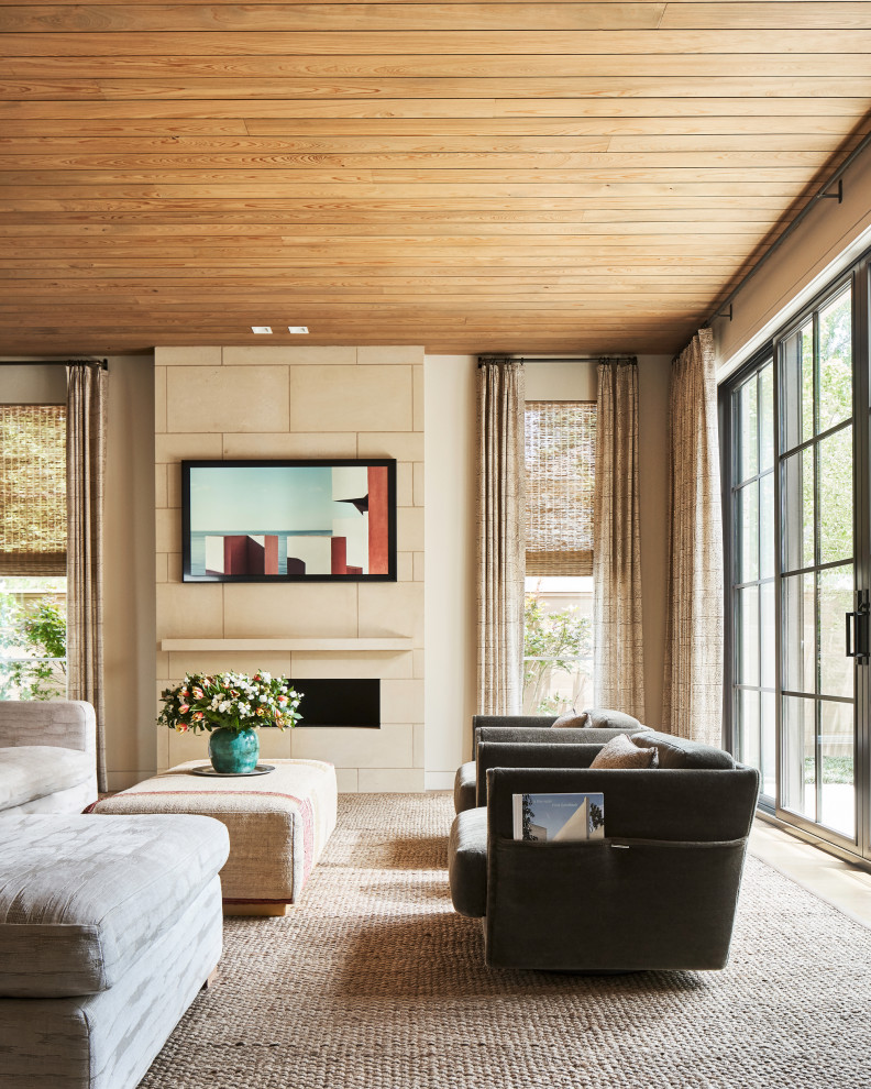 Design ideas for a contemporary living room in Dallas with beige walls, a wall mounted tv and a wood ceiling.