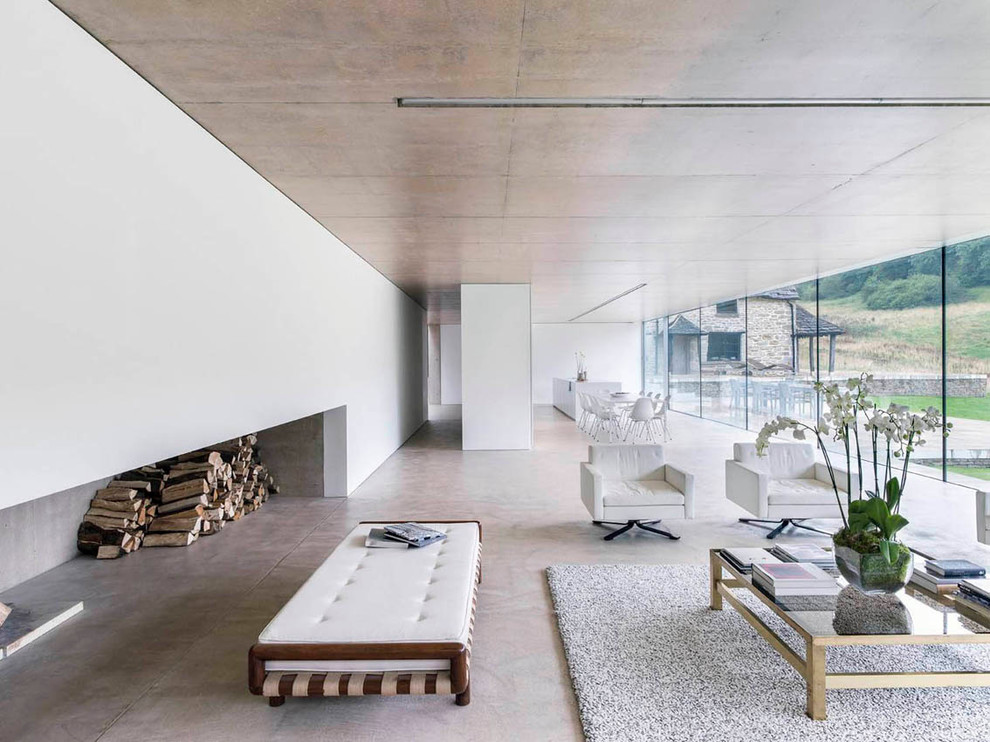 Idées déco pour un salon moderne avec sol en béton ciré.