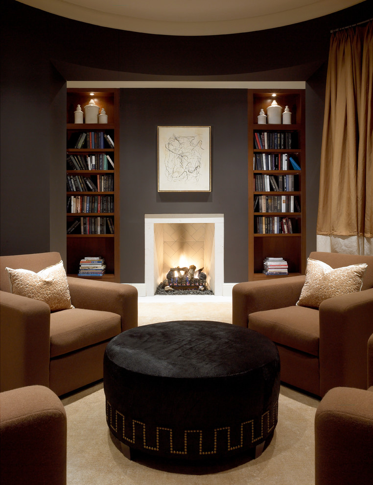 Transitional formal living room photo in Chicago with a standard fireplace and brown walls