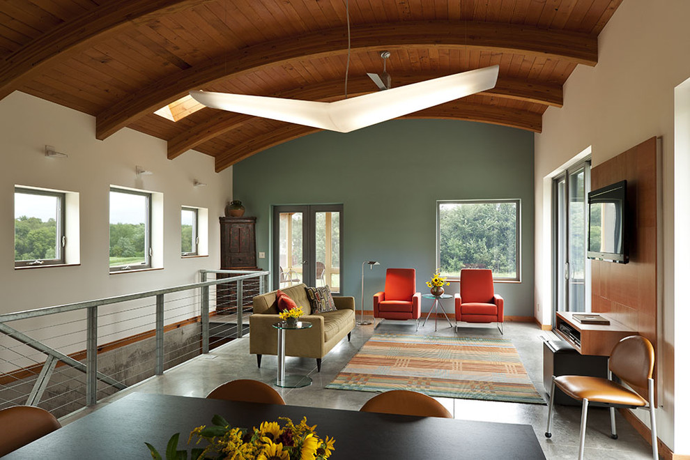 На фото: двухуровневая гостиная комната в современном стиле с зелеными стенами, телевизором на стене, акцентной стеной и ковром на полу