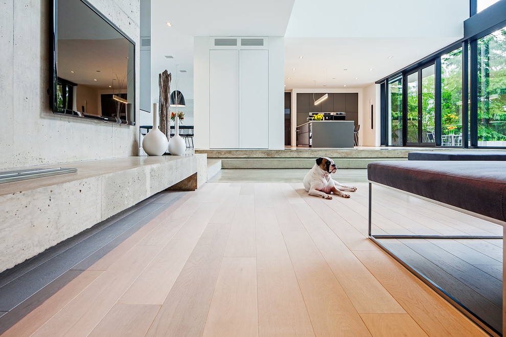 Diseño de salón abierto minimalista sin chimenea con paredes grises, suelo de madera clara y televisor colgado en la pared