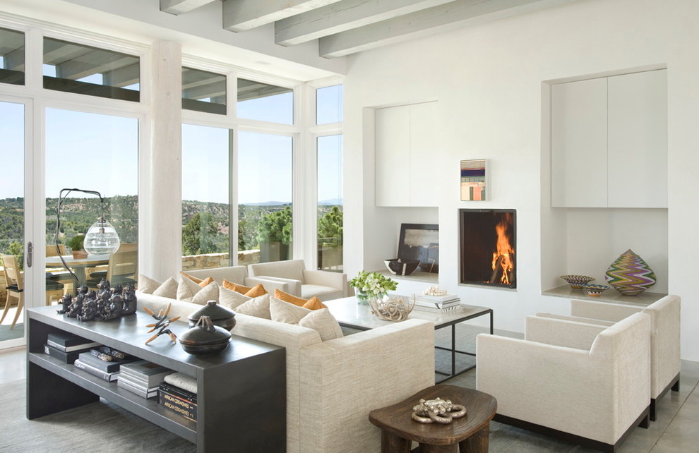 Example of a trendy living room design in Dallas with white walls