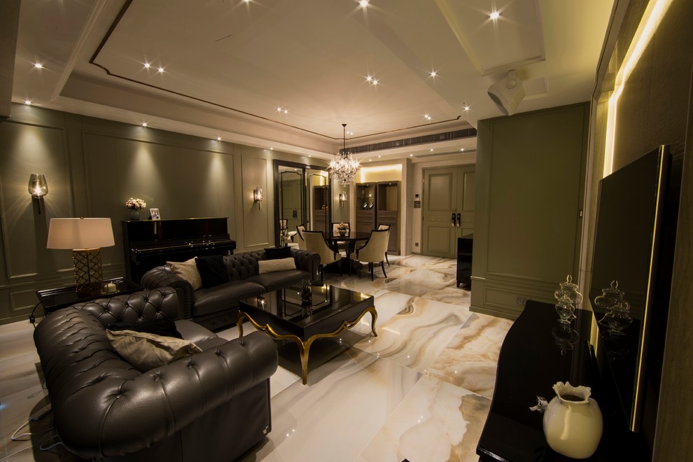 На фото: парадная, открытая гостиная комната в стиле модернизм с полом из керамической плитки и телевизором на стене с