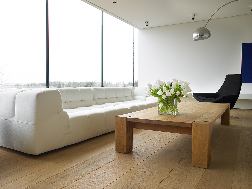 This is an example of a modern living room in Other with white walls and medium hardwood flooring.