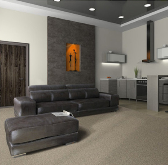Foto di un soggiorno minimal di medie dimensioni e aperto con pareti bianche, sala formale, moquette e pavimento beige