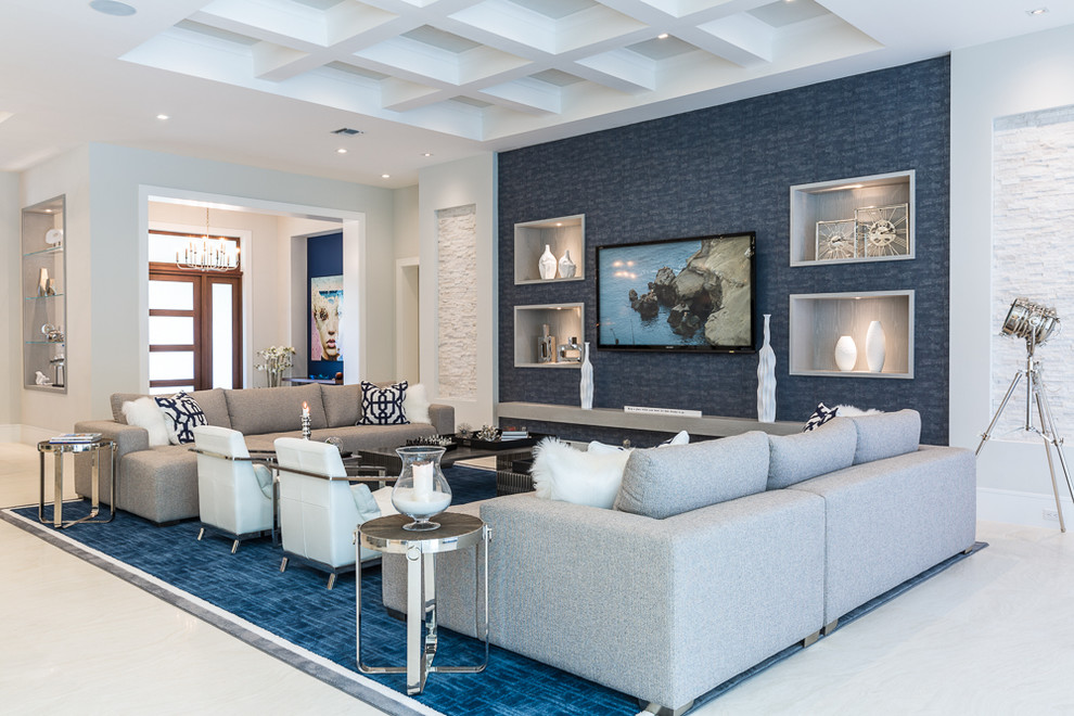Идея дизайна: большая парадная, открытая гостиная комната в современном стиле с белыми стенами, ковровым покрытием и синим полом без камина, телевизора