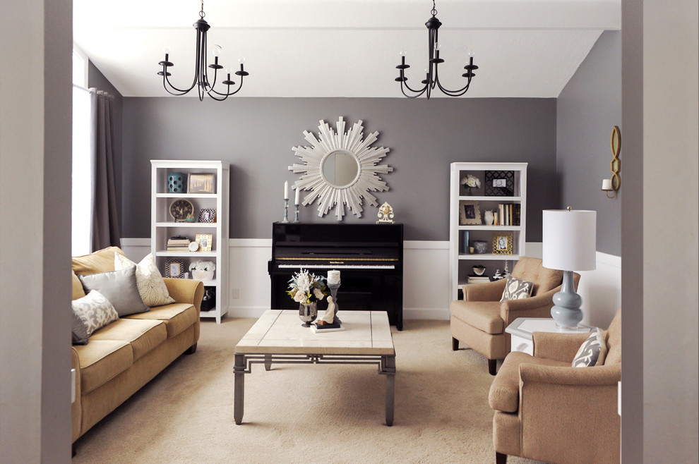 Living room - transitional living room idea in Salt Lake City with gray walls