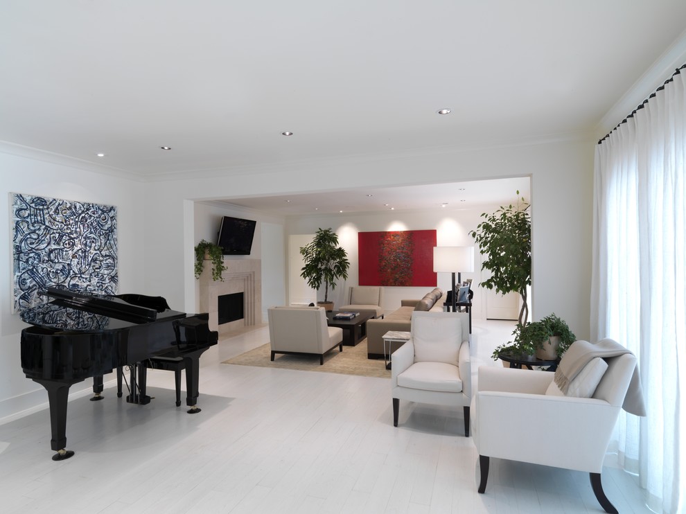 Expansive contemporary living room curtain in Atlanta with a music area and white floors.