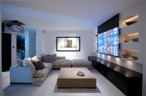 Ispirazione per un grande soggiorno minimalista aperto con sala formale, pareti bianche e parete attrezzata