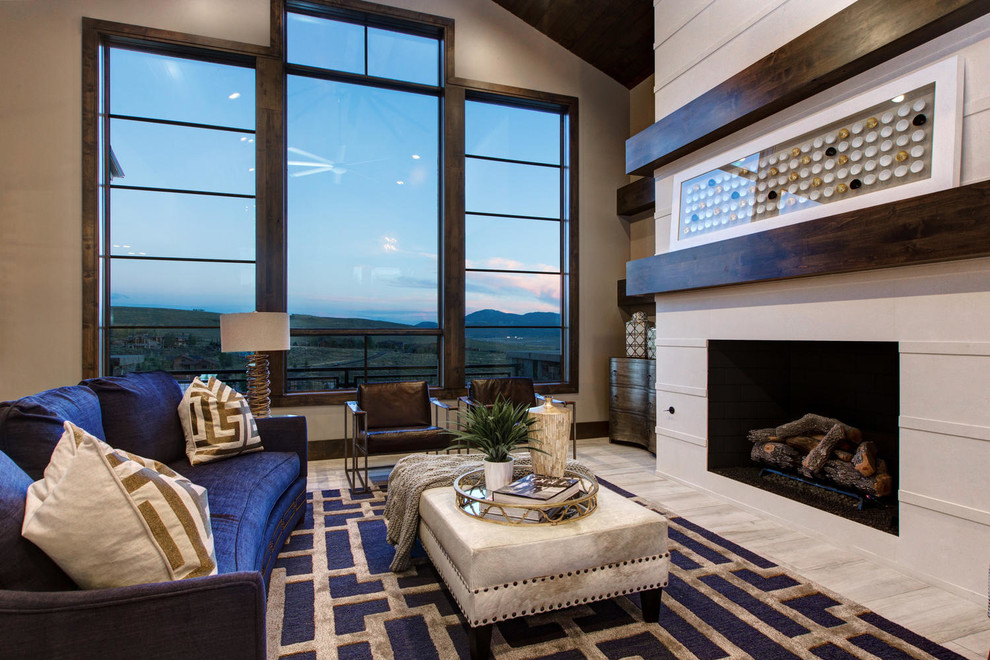 Contemporary formal living room in Salt Lake City with a standard fireplace and no tv.