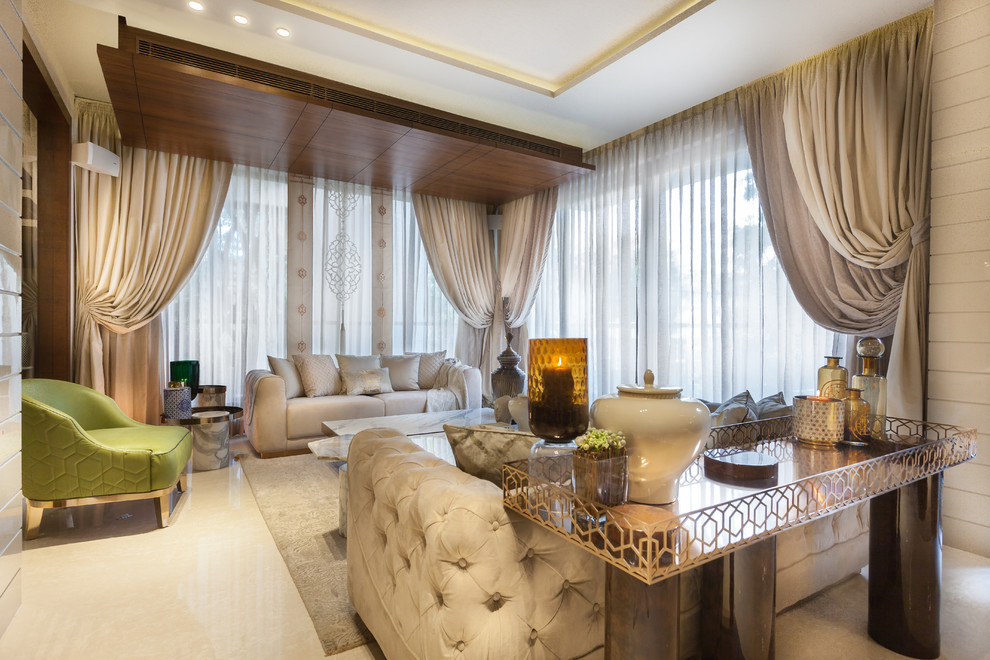 Пример оригинального дизайна: парадная гостиная комната среднего размера в современном стиле с красивыми шторами