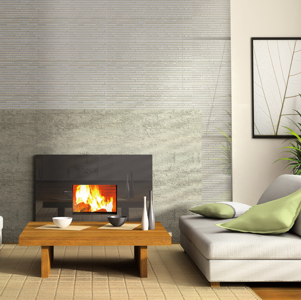 Idée de décoration pour un salon design avec une cheminée standard.