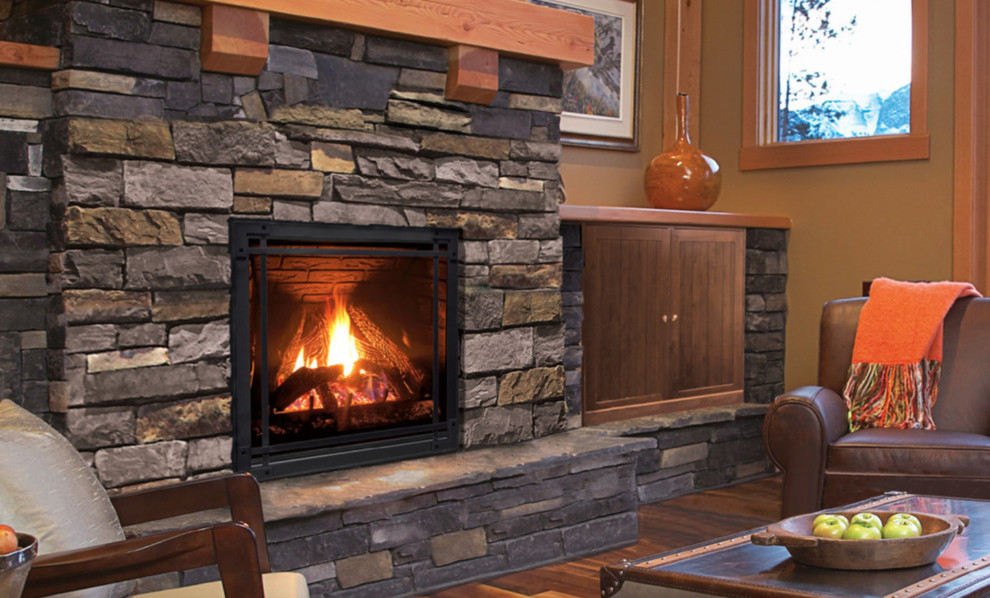 Q3 Gas Fireplace with a Lattice Face, Brick Liner, and a High Definition Log Set Rustic
