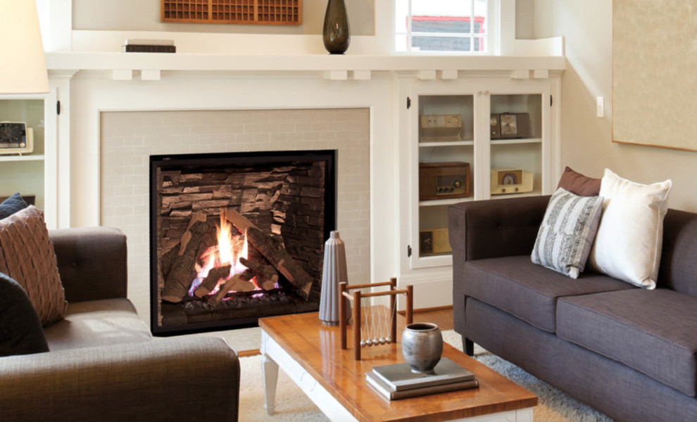 Q4 Gas Fireplace with a Ledgestone Liner and an Ultra Definition Log