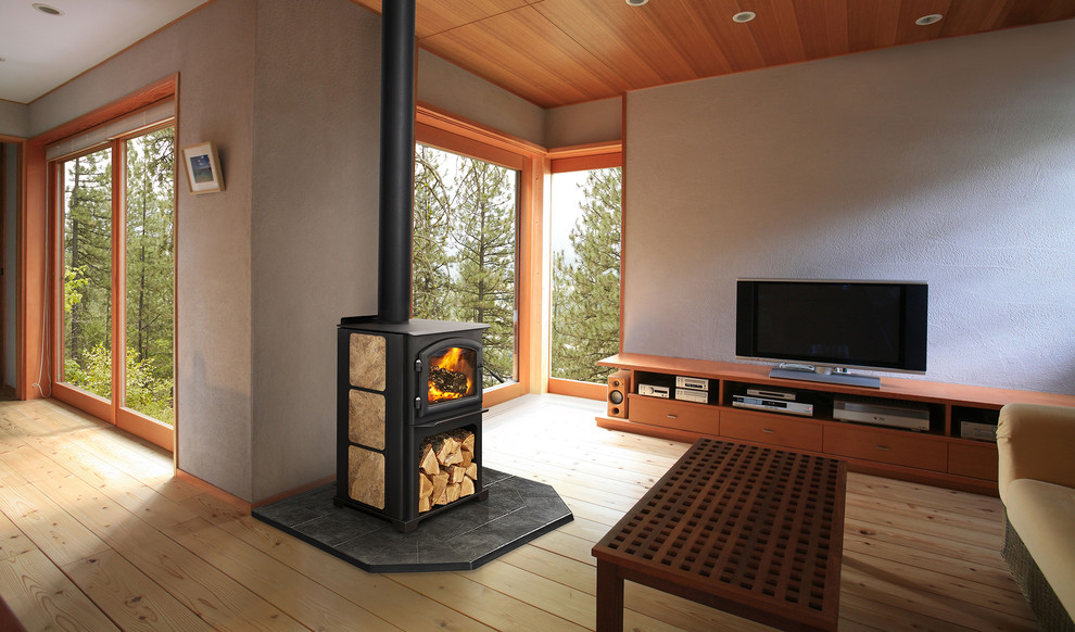 Imagen de salón abierto clásico con suelo de madera en tonos medios, estufa de leña y televisor independiente