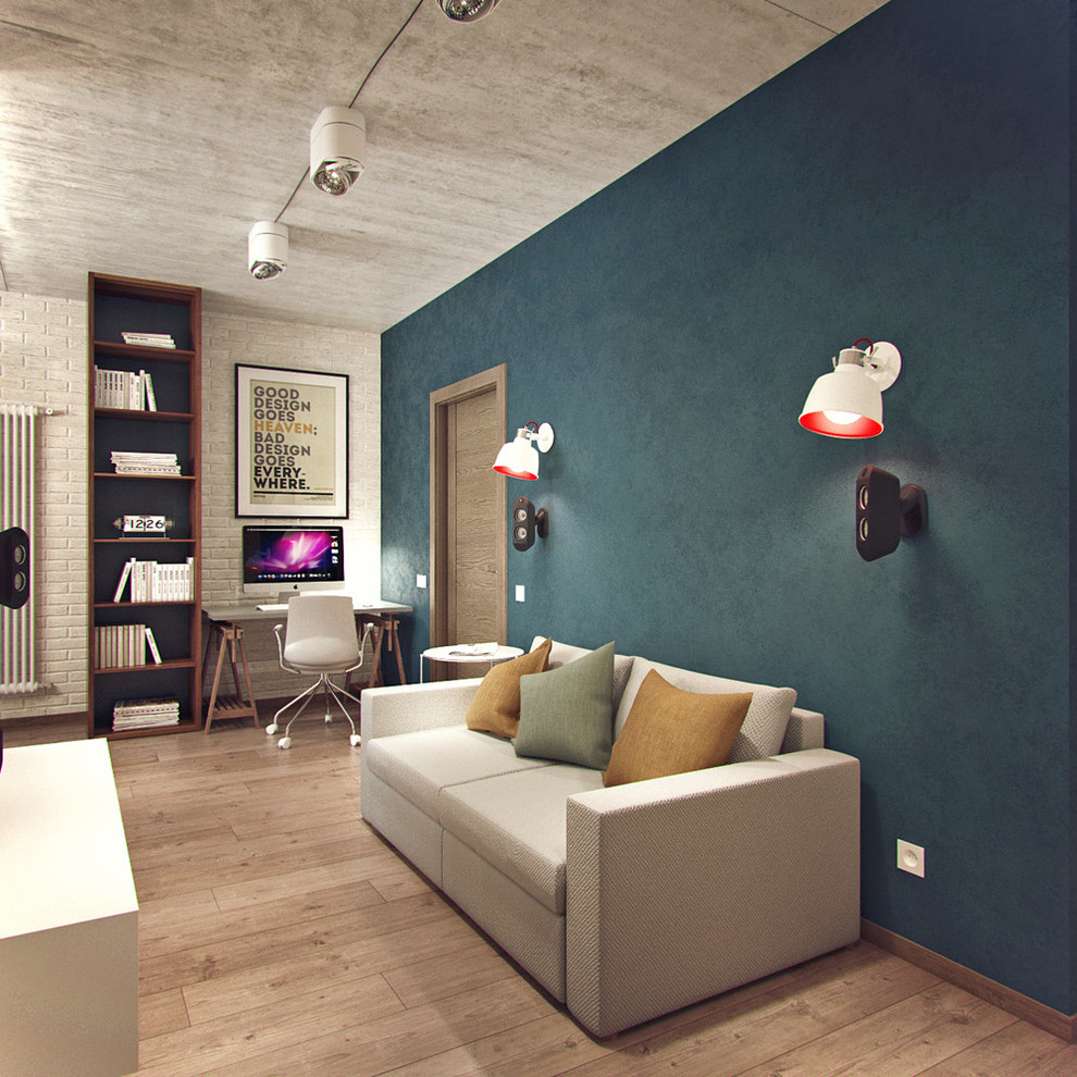 Foto di un piccolo soggiorno minimalista aperto con sala formale, pareti grigie e TV a parete