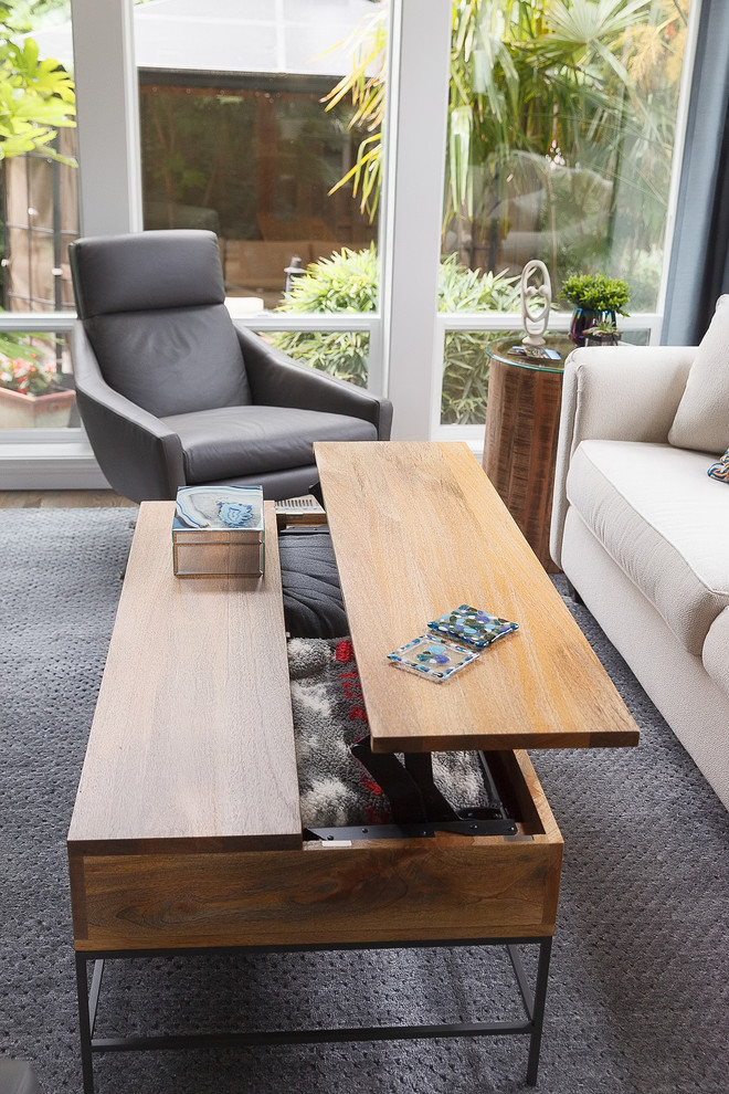 Medium sized nautical open plan living room in Portland with grey walls, dark hardwood flooring and brown floors.