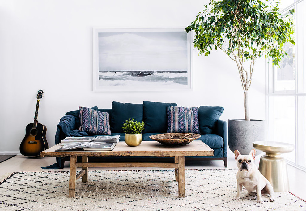 Inspiration for a small scandi living room in Sydney with white walls and light hardwood flooring.
