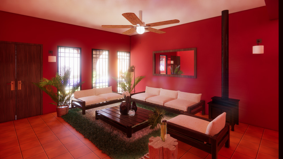 Aménagement d'un salon méditerranéen ouvert avec une salle de réception, un mur rouge, un sol en carrelage de céramique, un poêle à bois, un manteau de cheminée en métal, un téléviseur fixé au mur et un sol orange.
