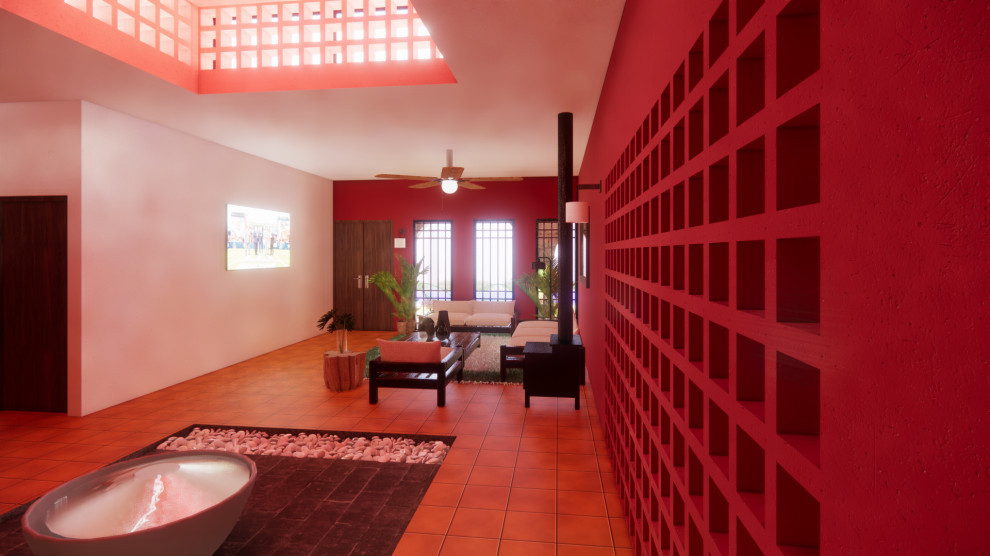 Bild på ett medelhavsstil allrum med öppen planlösning, med ett finrum, röda väggar, klinkergolv i keramik, en öppen vedspis, en spiselkrans i metall, en väggmonterad TV och orange golv