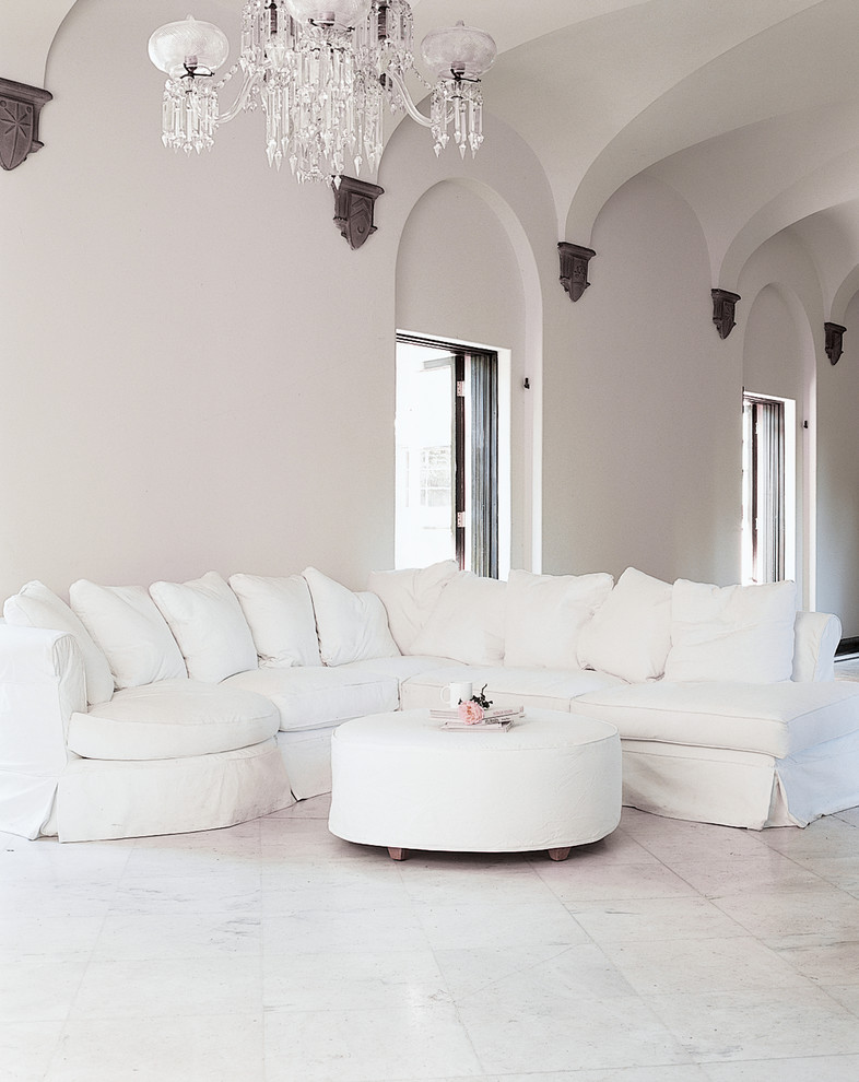 Living room - large shabby-chic style open concept living room idea in Los Angeles with white walls