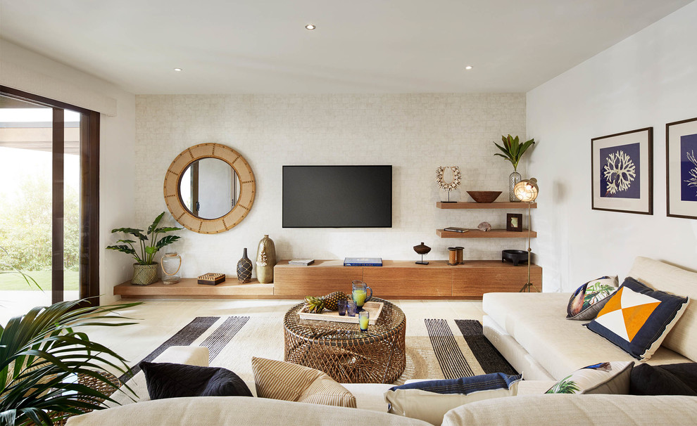 Example of a beach style living room design in Melbourne