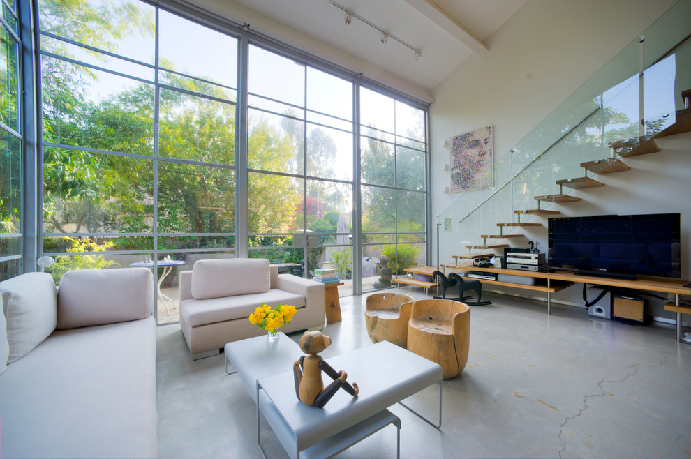 Источник вдохновения для домашнего уюта: гостиная комната в современном стиле с бетонным полом
