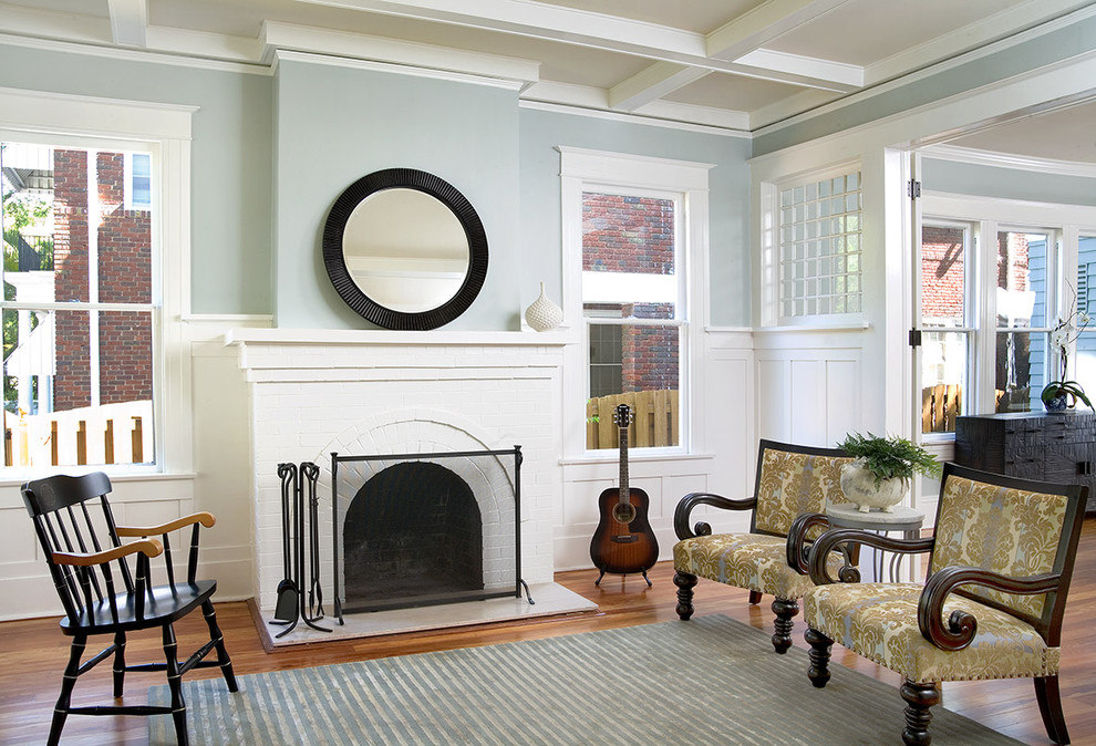 Classic living room in Tampa with a brick fireplace surround.