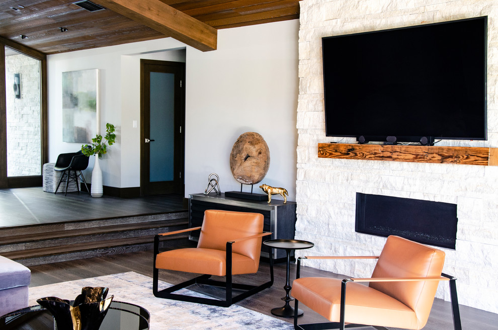 Modernes Wohnzimmer mit weißer Wandfarbe, dunklem Holzboden, Kamin, Kaminumrandung aus Stein, TV-Wand und braunem Boden in San Diego