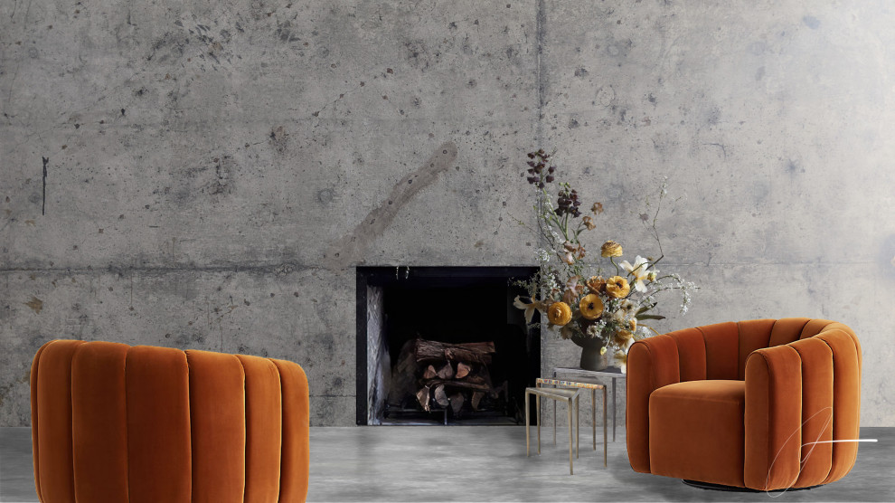 Réalisation d'un salon design avec un mur gris, sol en béton ciré et une cheminée standard.