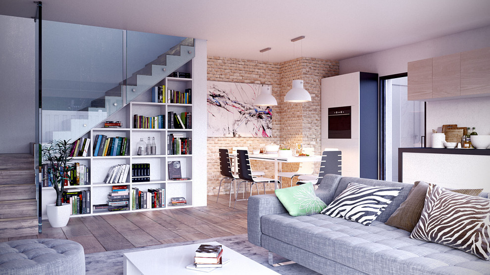 Идея дизайна: открытая гостиная комната среднего размера в стиле модернизм с белыми стенами, паркетным полом среднего тона, скрытым телевизором и кирпичными стенами